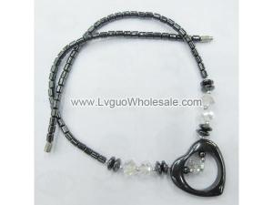 Clear Crystal Glass with Black Heart Shape Hematite Beads Necklace